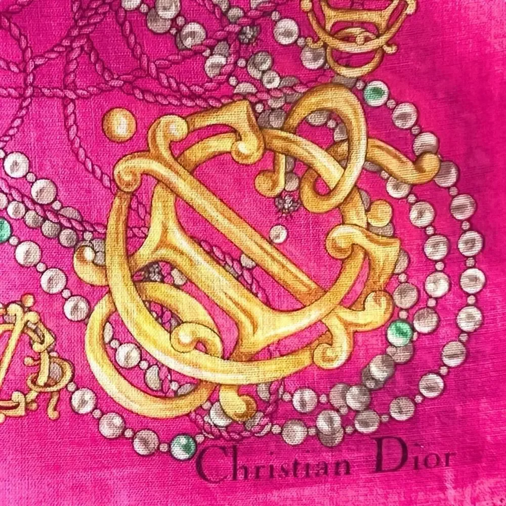 VTG Christian Dior Pink Gold Monogram Logo Pearl Pocket Square Twilly Bag Scarf